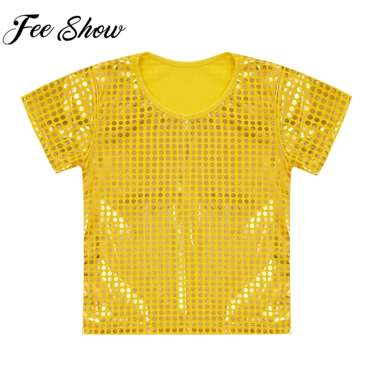 

Kids Shiny Sequin Short Sleeve Fashion Top Jazz Dance Costume Boys Girls Party Festival Stage Performance Clothes Dancewear