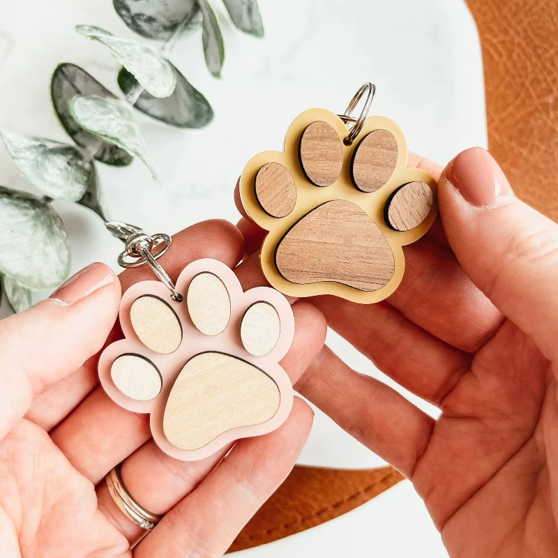 50/100 PCS Personalized customization lovely dog paw keychain wood hanging hook pandent plate for pet badges car key card gifts - view 6