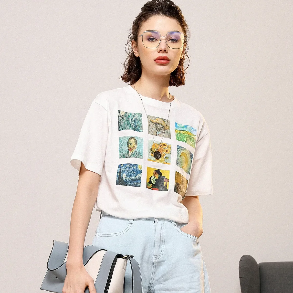 LOUIS YAO Women T-shirt Fashion Print Tee 2024 Summer O Neck Short Sleeve 100% Cotton Pullover Top