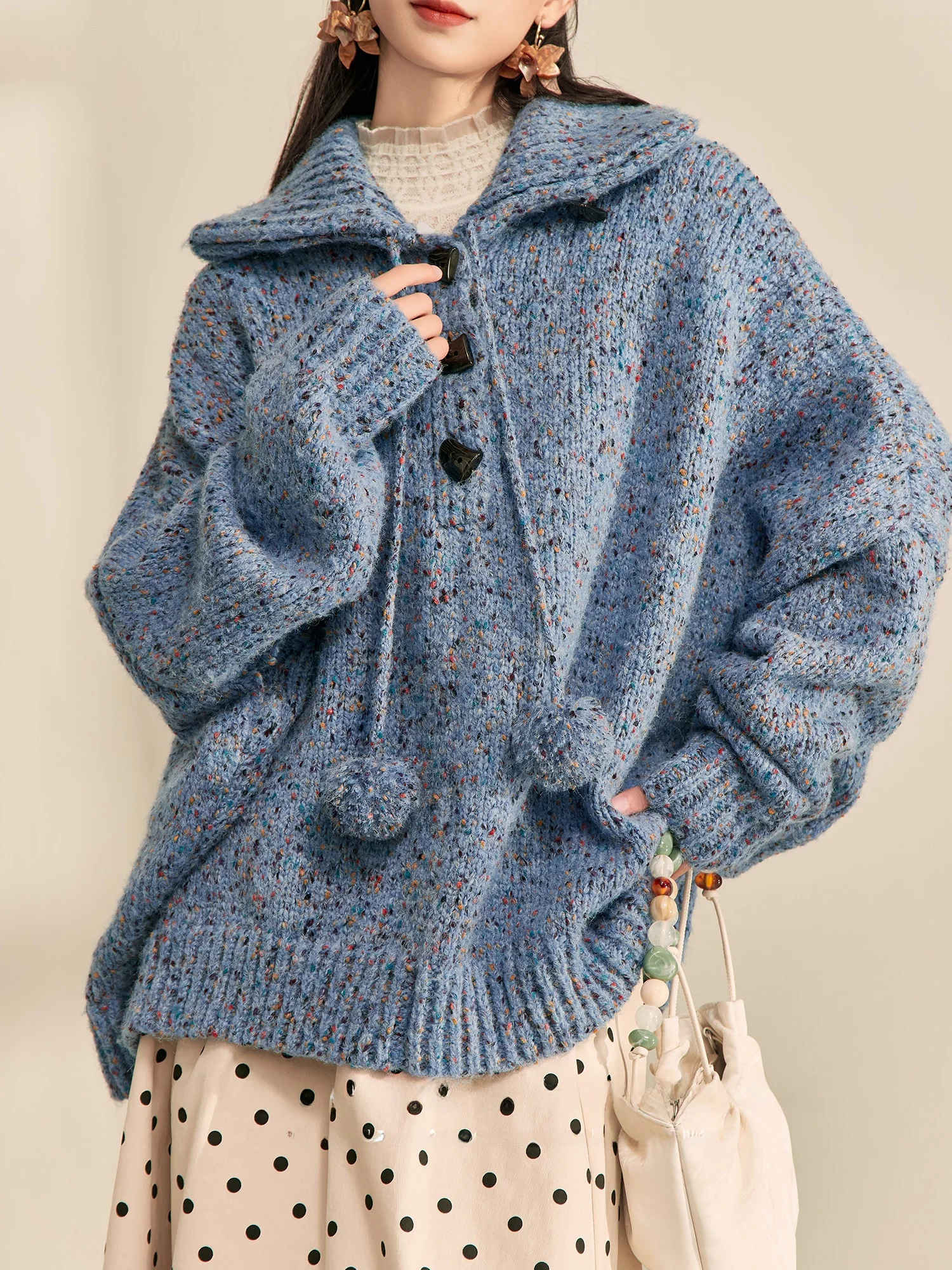 

Мягкий синий женский вязаный свитер с высоким воротником FlowingEra 2025 New Sle, удобный свободный крой, длинный топ свечи Ne