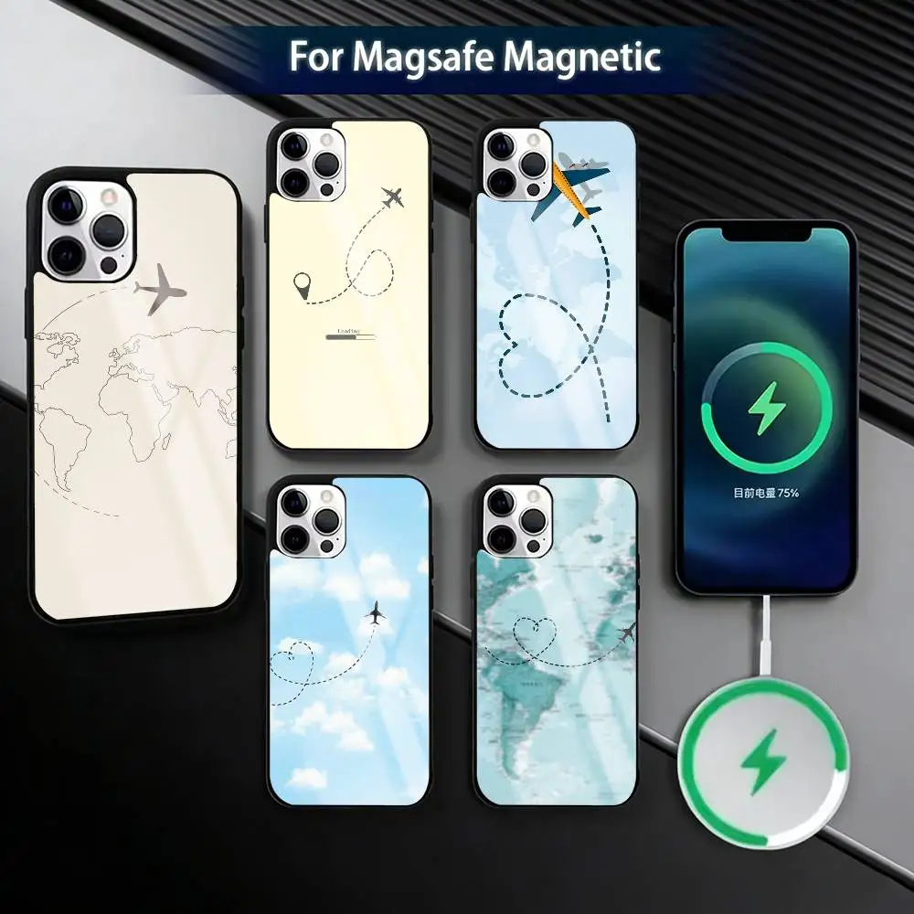 

Travel Airplane Route Phone Case For iPhone17,16,15,14,13,12,11 Plus,Pro Magnetic For Magsafe Wireless Charging