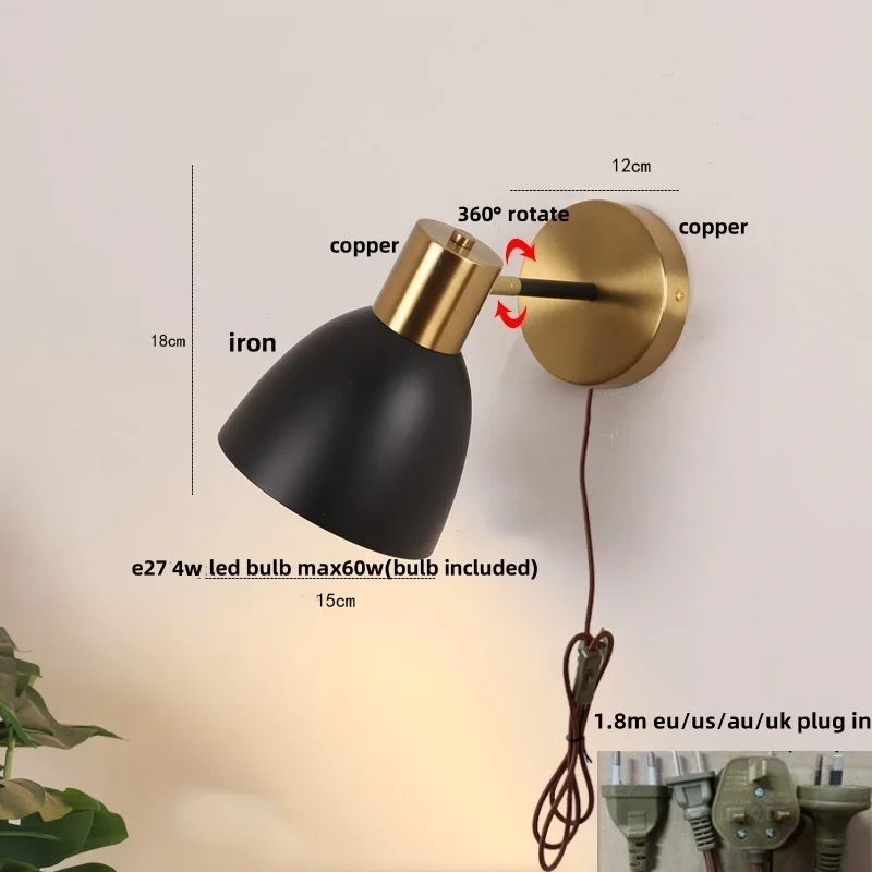 IWHD Plug In LED Wall Lamps Sconce Hallway Bedroom Vanity Bar Modern Simple Black Iron Bathroom Stair Mirror Light Aplique Pared