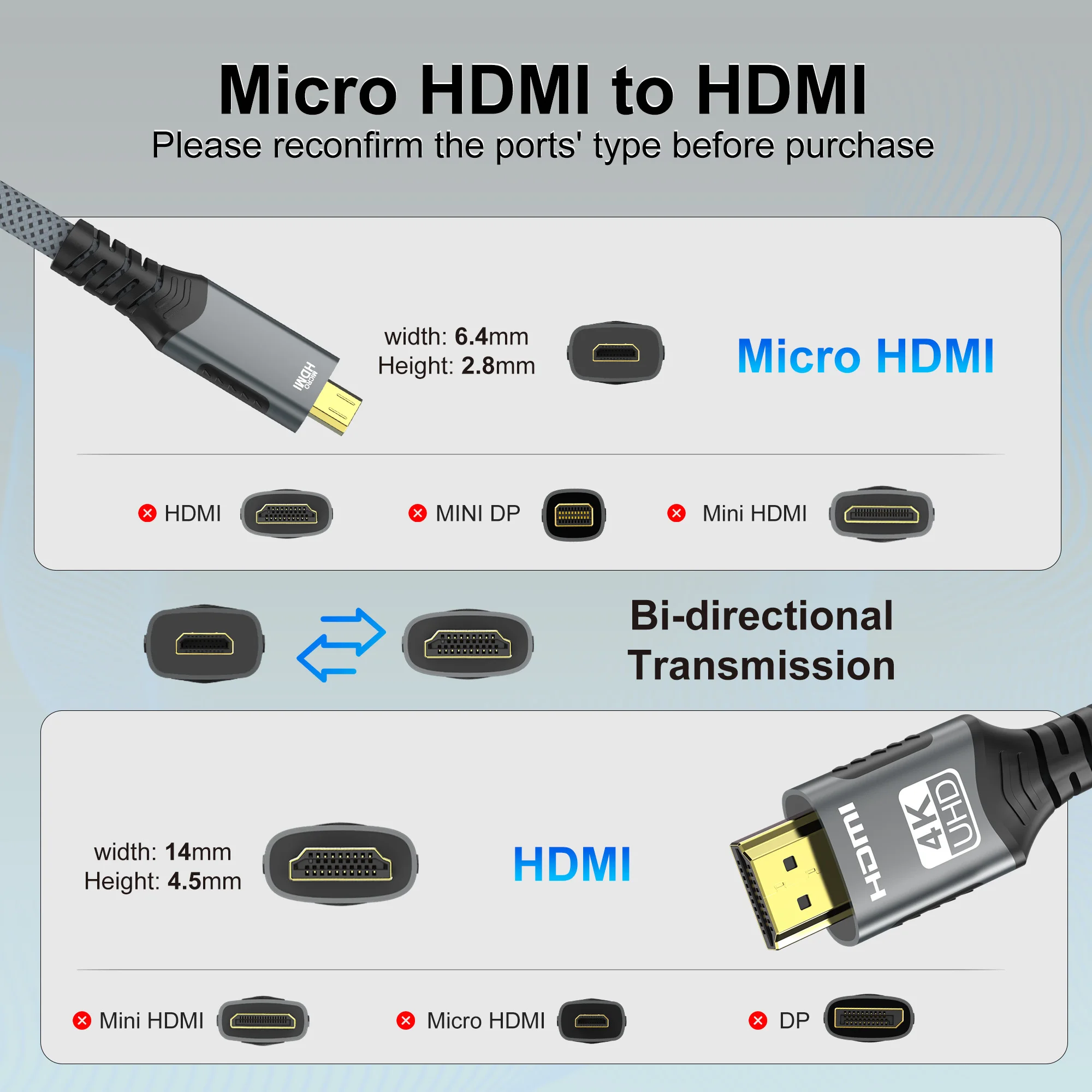 Micro HDMI-kompatibel zu HDMI Kabel 18 Gbit/s 4K @ 60 Hz Geflochtener bidirektionaler Adapter Konverter für HDTV PS4 Tablet XBOX Kamera – Detail 6
