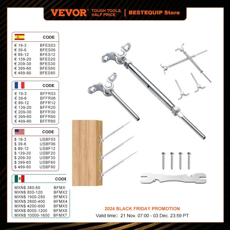 VEVOR T316 Stainless Steel Adjustable Angle Cable Railing KitHardware Wood Post Marine Grade Wire Rope Degree Easy Installation