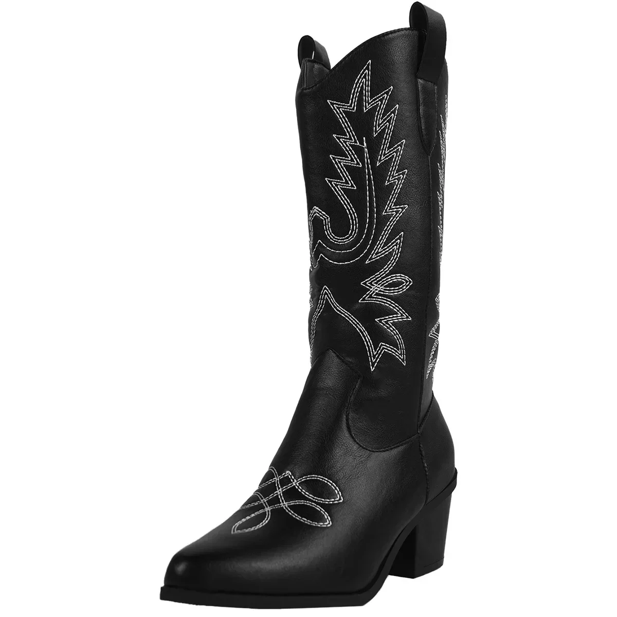 Mid-Calf Boot Boots for Women Autumn Winter Trend Slip on Embroidered Western Cowgirl Boots Vintage Style White High Heels Boots