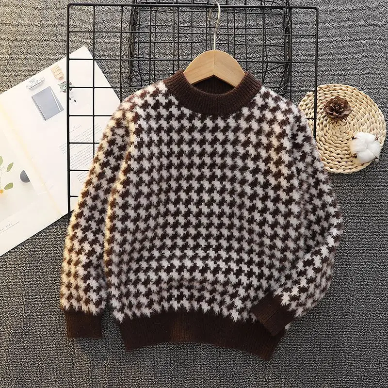 Boys Autumn Winter Thickened Pullover Sweater Soft Faux Mink Velvet Knitted Warm Kids Jumper Casual Schoolwear Tops