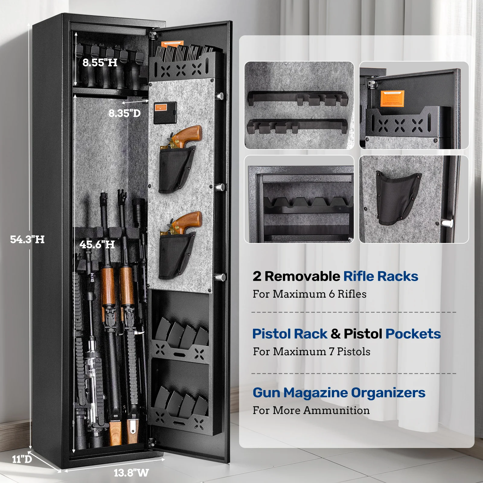 BlackSmith Biometric 6 Gun Safe for Home Office Rifles and Pistols Large Gun Cabinet Fingerprint Quick Access Rifle Safe