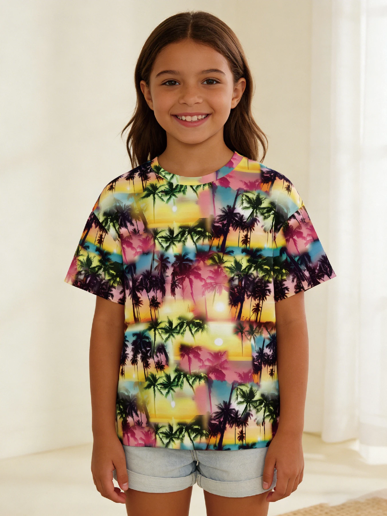 

2026 new girls long-sleeved T-shirt gradual change tie-dye coconut print short sleeve