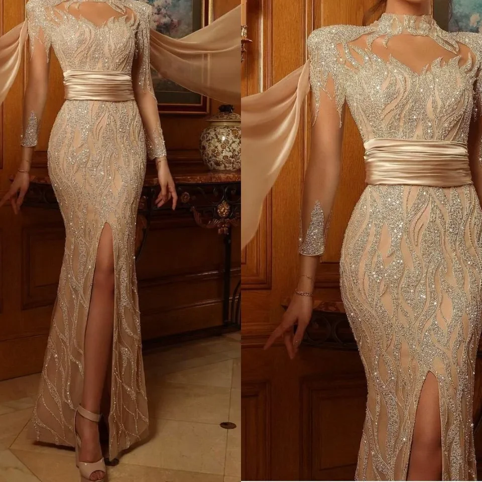 

Luxury High Collar Lace Beading Full Sleeve Sashs Mermaid Formal Evening Dresses Party Prom Gowns Customized