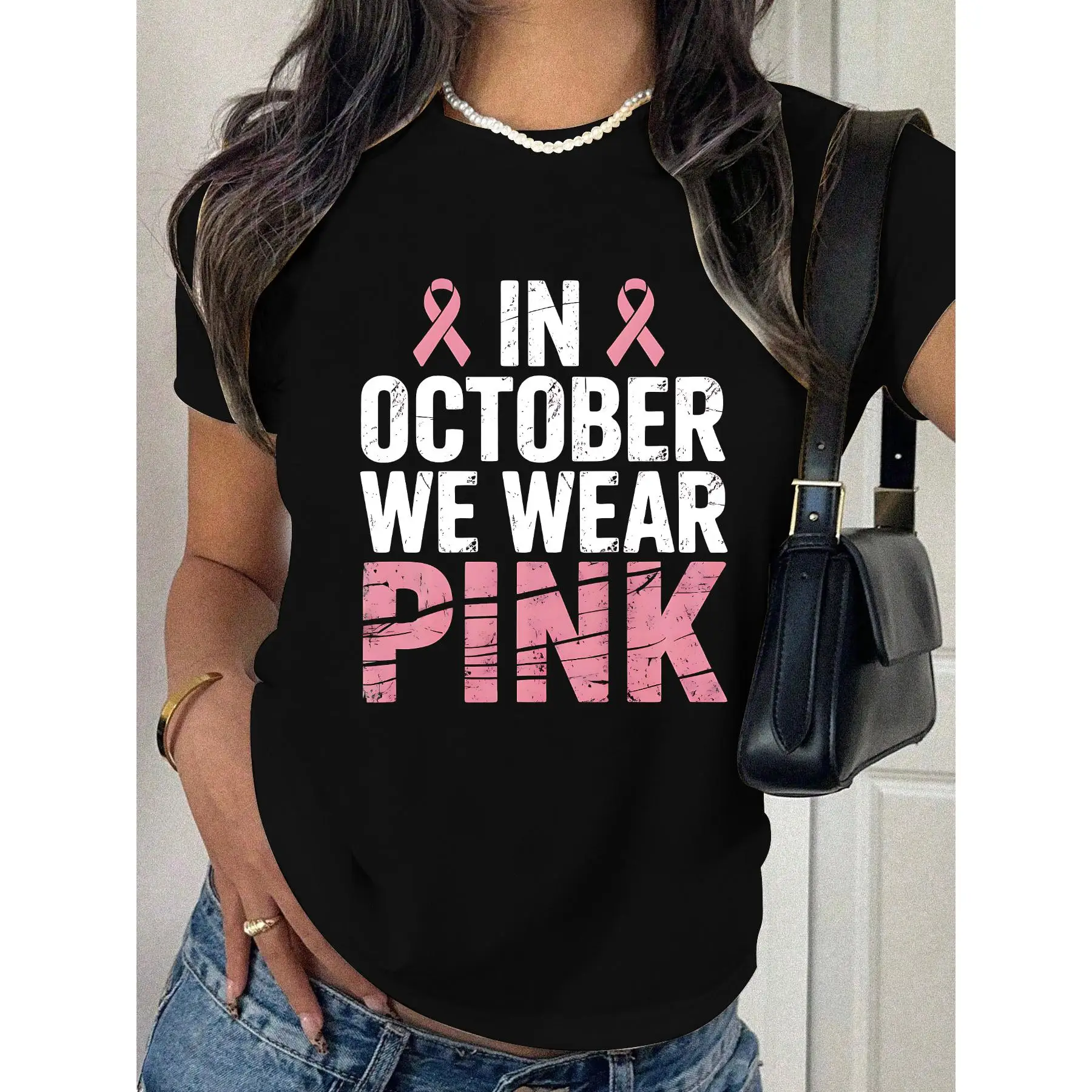 

Breast Cancer Awareness T-shirt, Pink Ribbon Support Graphic Tee, In October We Wear Pink Shirt, Family Friend Gift