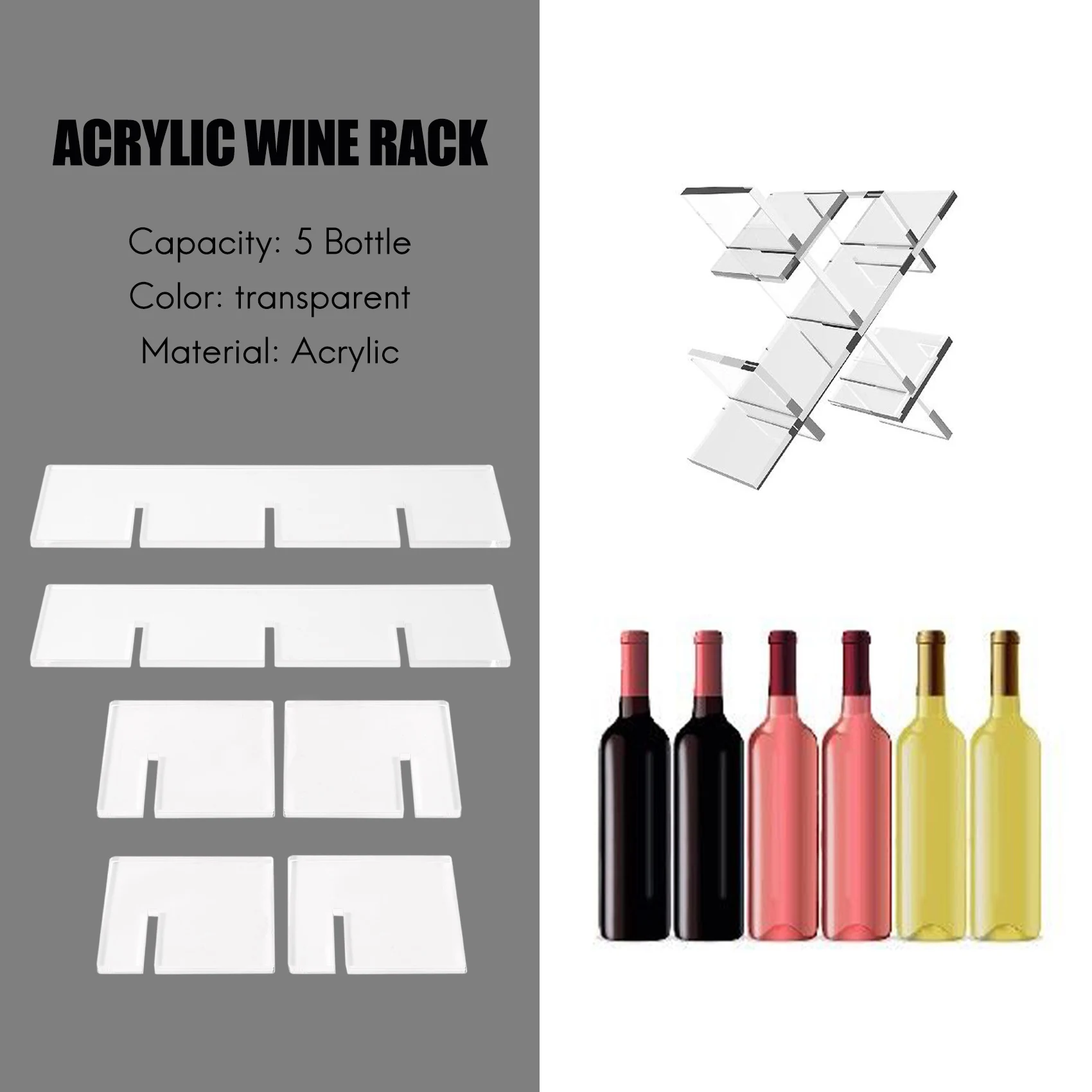 

B69C Wine Rack Countertop Lattice Freestanding 5 Bottle Wine Holder Modern Transparent Acrylic Free Standing Tabletop