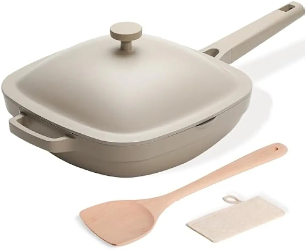 

10.5 Inch Ceramic Non-Stick Frying Pan with Lid, Cast Aluminum Deep Saute Pan, Includes Wooden Spatula and Scrubber