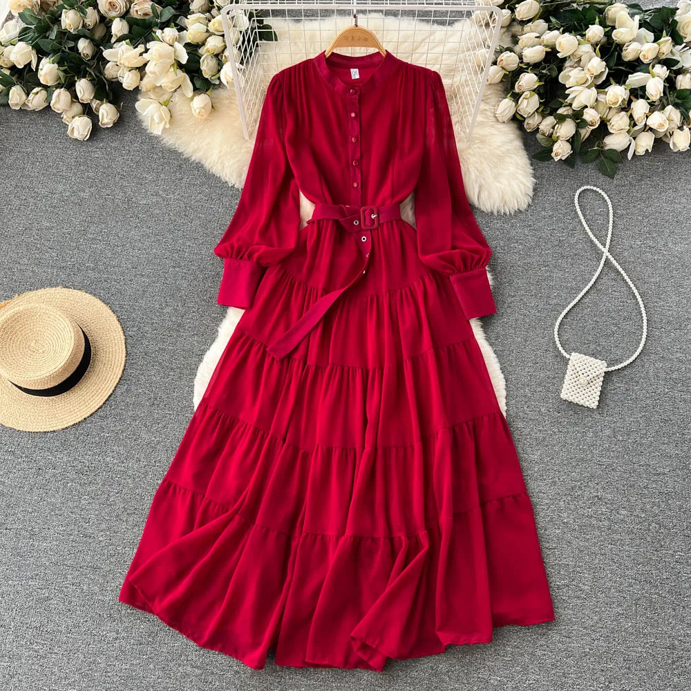 Spring New Collar Single-Breasted Chiffon Dress  French Style Retro Waist-Controlled Slimming Large Hem Long Skirt Fashion