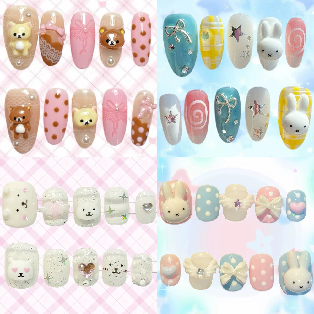 

10Pcs Sweet Lovely Rilakkuma Rabbit Handmade Press On Nails Pearl Bow Flower Strawberry Polka Point Wearable Nail Party Sticker