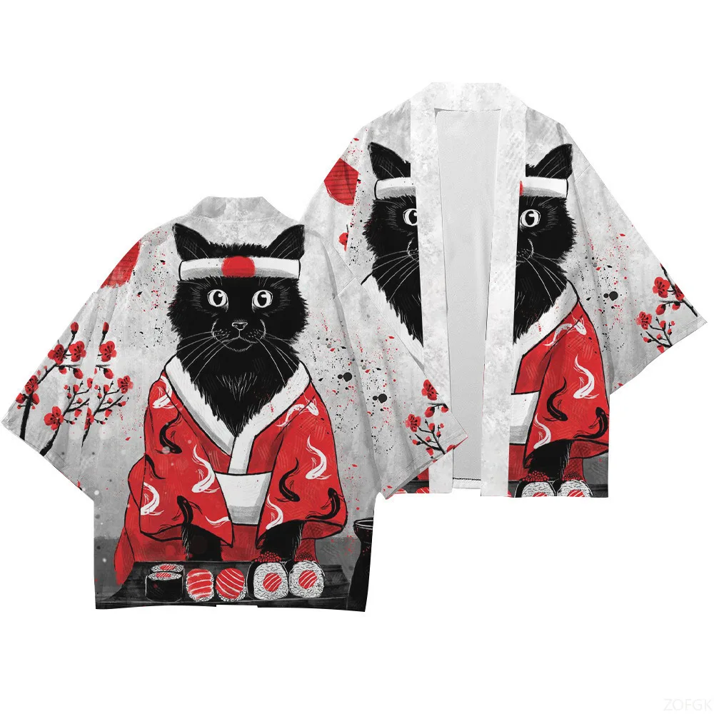 Japanese Ukiyo-e Kimono Cloak 3D Printed Lucky Cat Loose and Trendy Seven Quarter Sleeved Yukata Cardigan Taoist Robe Jacket