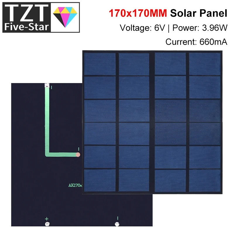 TZT 6V 660mA 4W Solar Panel Polycrystalline 170*170MM Mini Sunpower Solar System DIY for Battery Cell Phone Charger