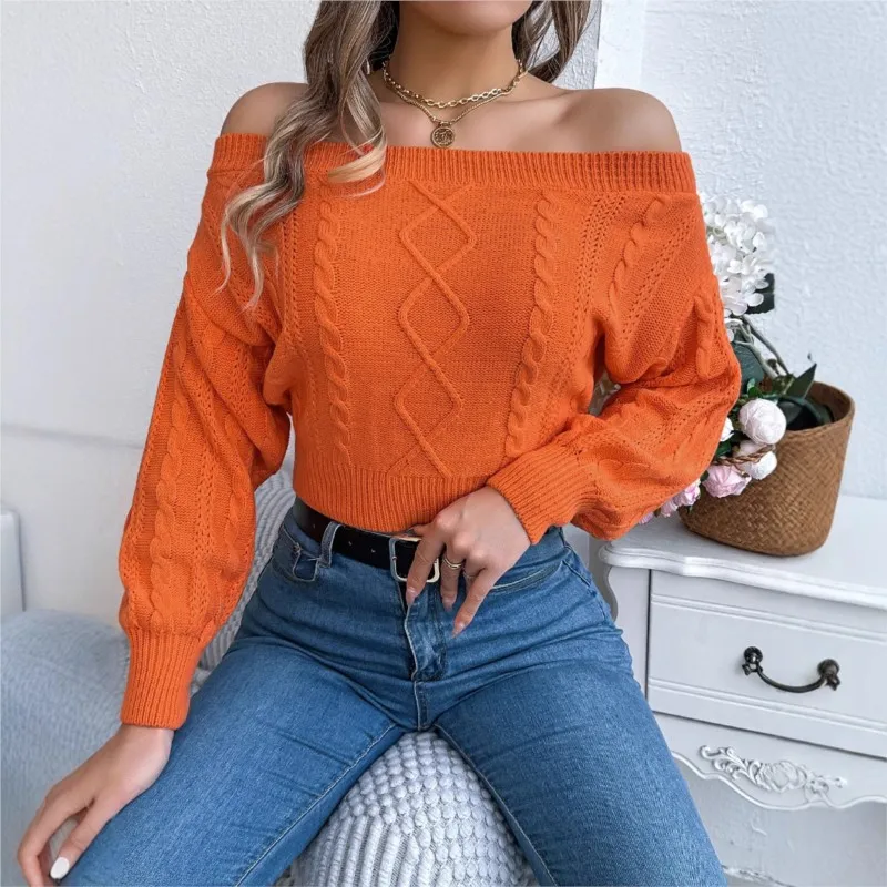 

Women Autumn And Winter Casual Solid One Collar Off Shoulder Long Sleeve Hoodie Sweater Slash Neck Sexy Knitted Orange Jumpers