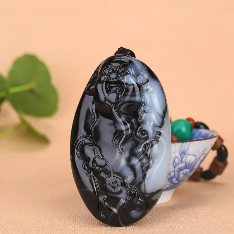 Natural Xinjiang Hetian Jade Blue and White God of Wealth Pendant Handle Piece Men and Women Models Lucky Transfer Pendant