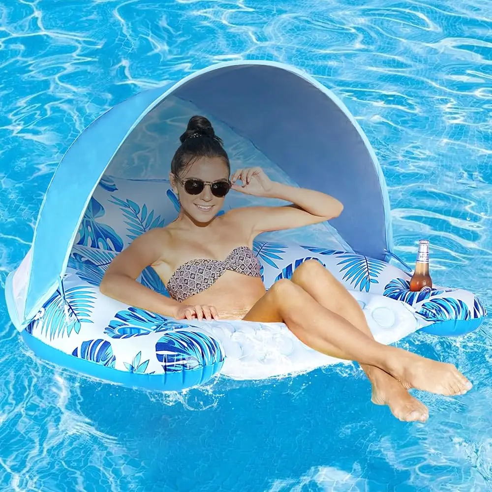 

Pool Float With Canopy, Cup Holder - Xl Pool Chair Lounge Float With Adjustable Sun Shade Cover, Drink Holder, Ergonomic