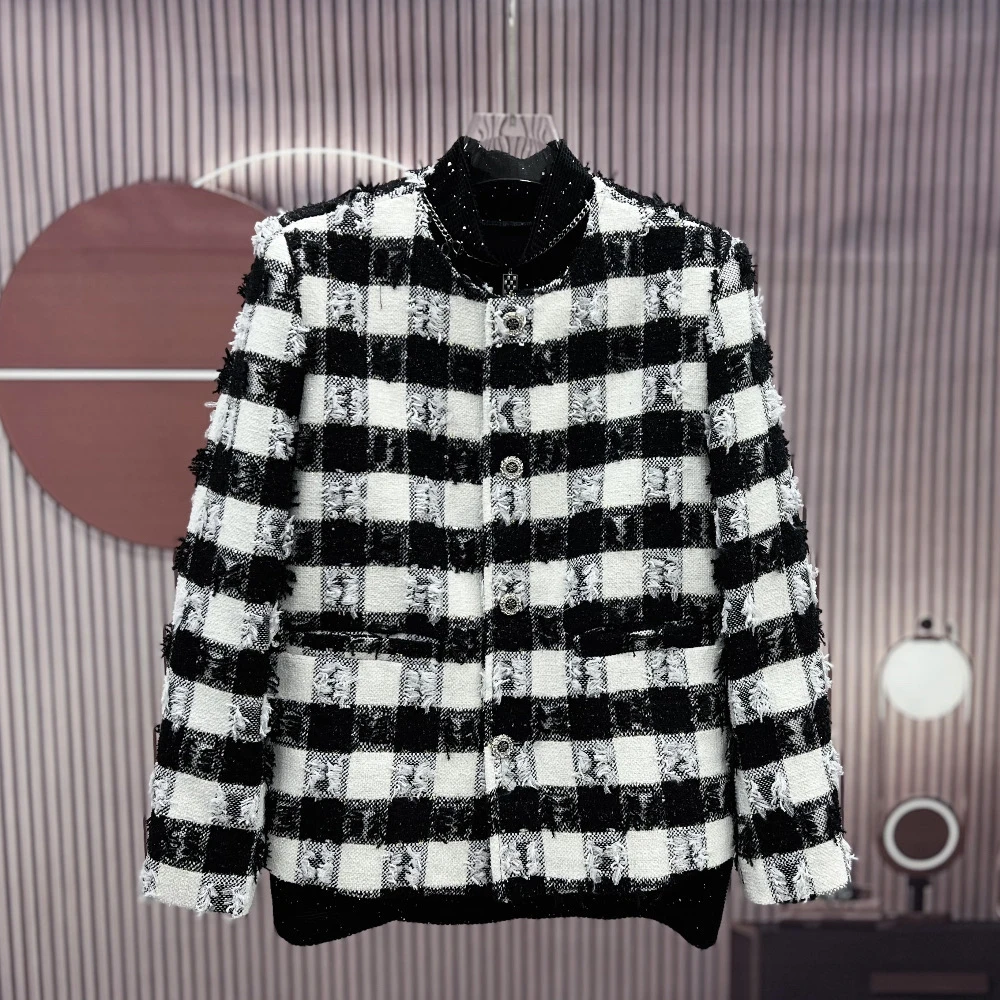 2024 Men's Autumn Winter High-end Light Luxury Black White Plaid Round Neck Jacket Men's Tassels Rough Edge Shoulder Padded Tops