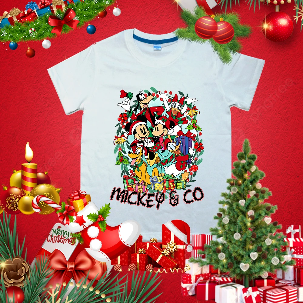 

Mickey and Friends Christmas Printed Kids T-shirt Summer Children's Cotton Short Sleeve Suitable for Boys and Girls Casual Tops