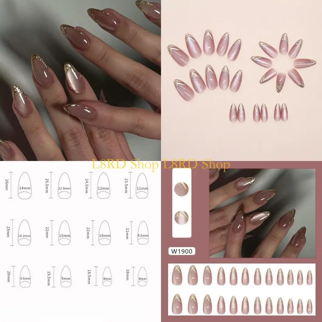 L8rd Presse auf Nagel Mandel falscher Nagel mit Glitzern Pailletten Design Cats Eye Glossy auf Nagelklesschen auf Frauen