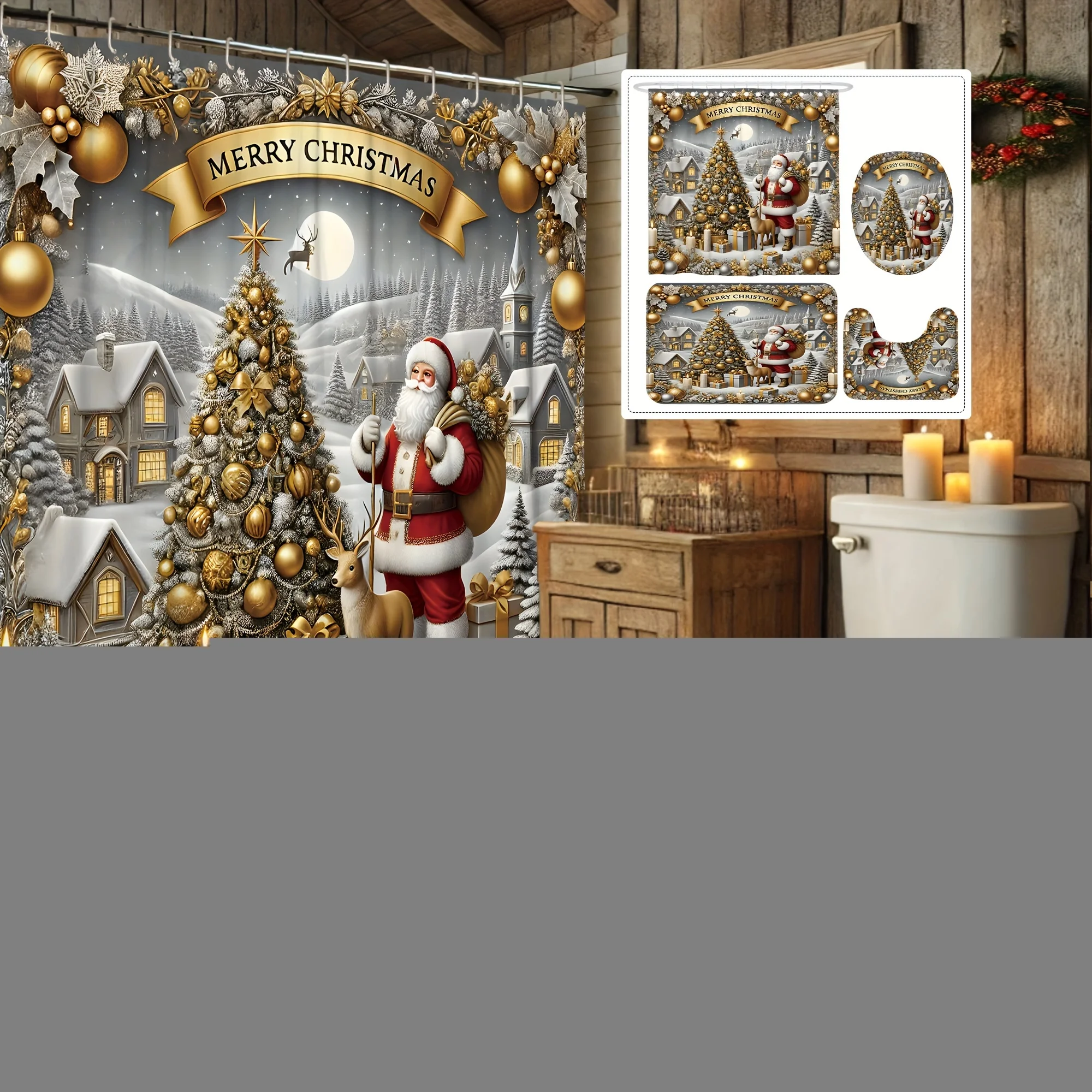 4Pcs Xmas Shower Set, Santa Tree Deer Gift, Gold Red White, Cute Design, Holiday Bath Decor, 12 Hooks, Non-Slip U-Shaped Cover