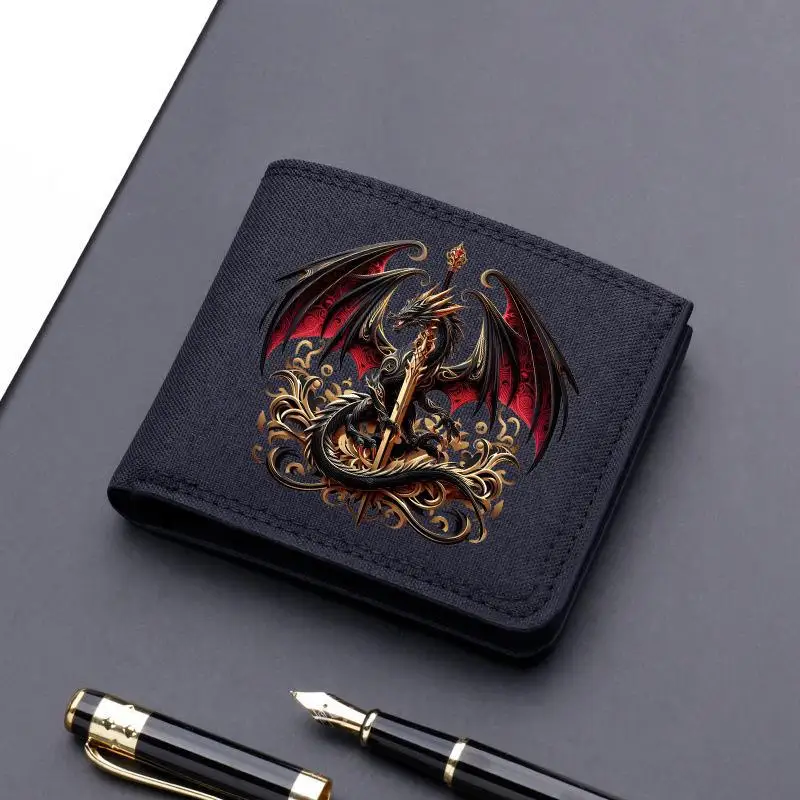 Pferd Drachen Muster Leinwand Junge Mädchen Kinder Brieftasche Schwarz Kartenhalter Männliche Geld Tasche Bank Halter Kurze Geldbörse Kreditkarte Fall Tasche
