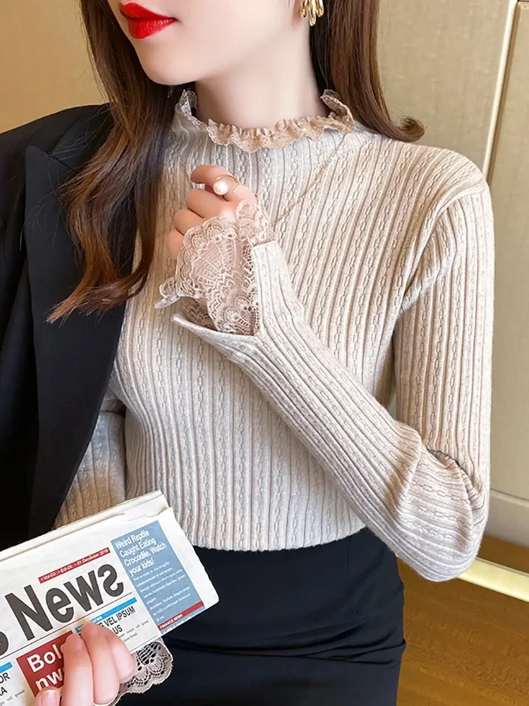 2024 Lace Solid Basic Knitted Women Tops Turtlneck Sweater Long Sleeve Slim Casual Pullover Korean Fashion Simple Chic Clothes