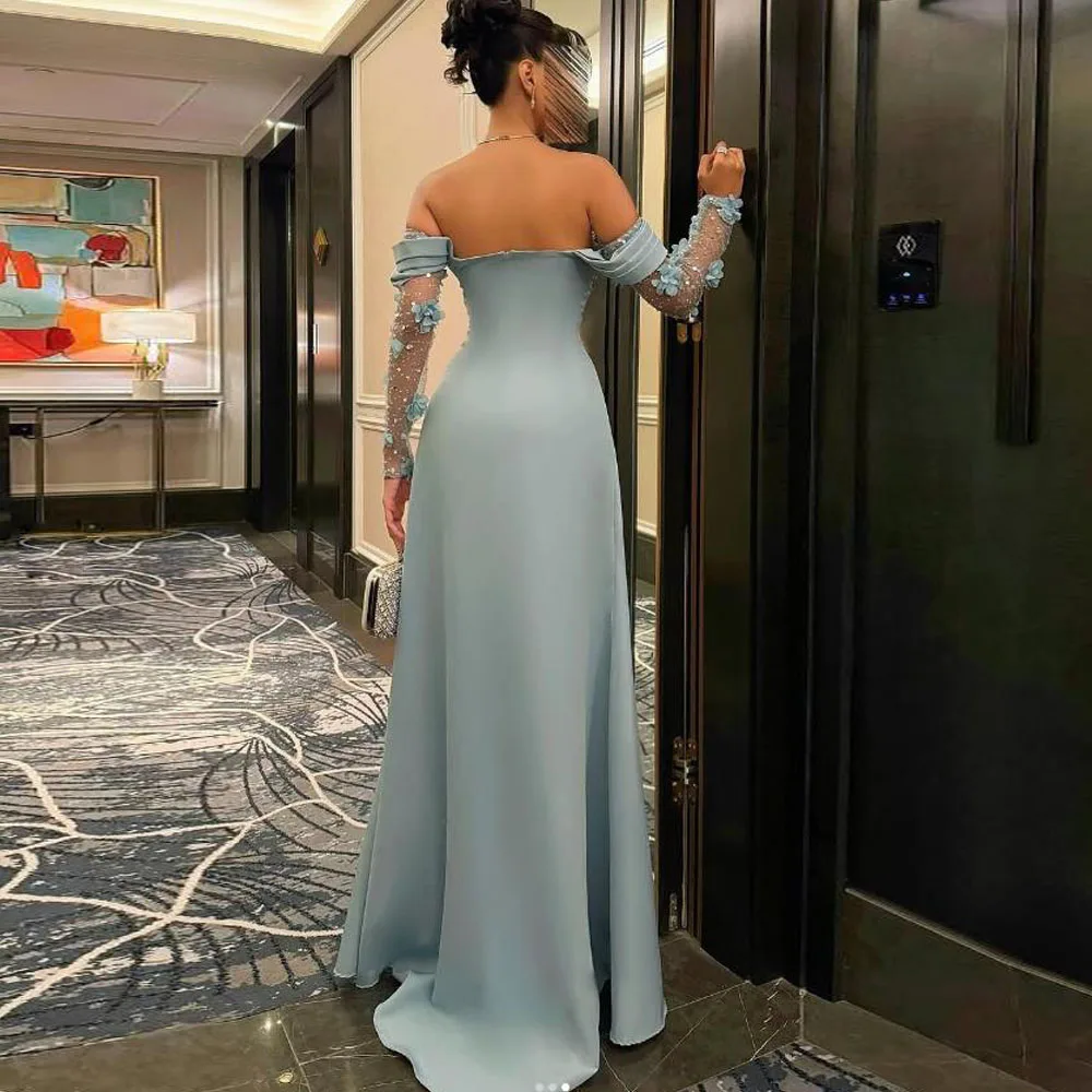 カスタマイズされたオフショルダーイブニングドレススプリットフローラルフラワーマーメイドフォーマルマキシドレスサテンウェディングゲストパーティードレス