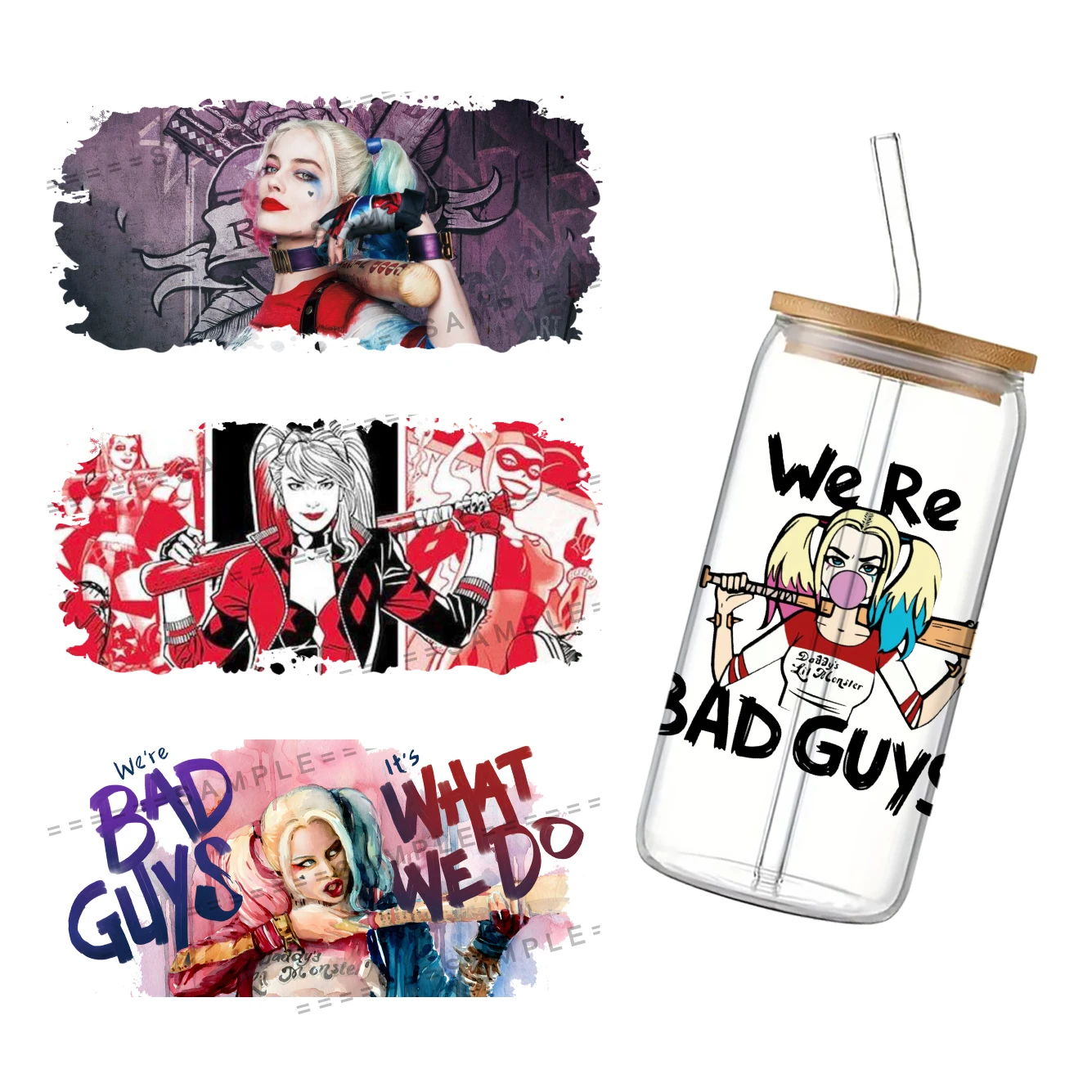 DC Harley Quinn UV bungkus cangkir DTF untuk 16Oz Libbey badut putri dari kejahatan kaca dapat DIY stiker Transfer