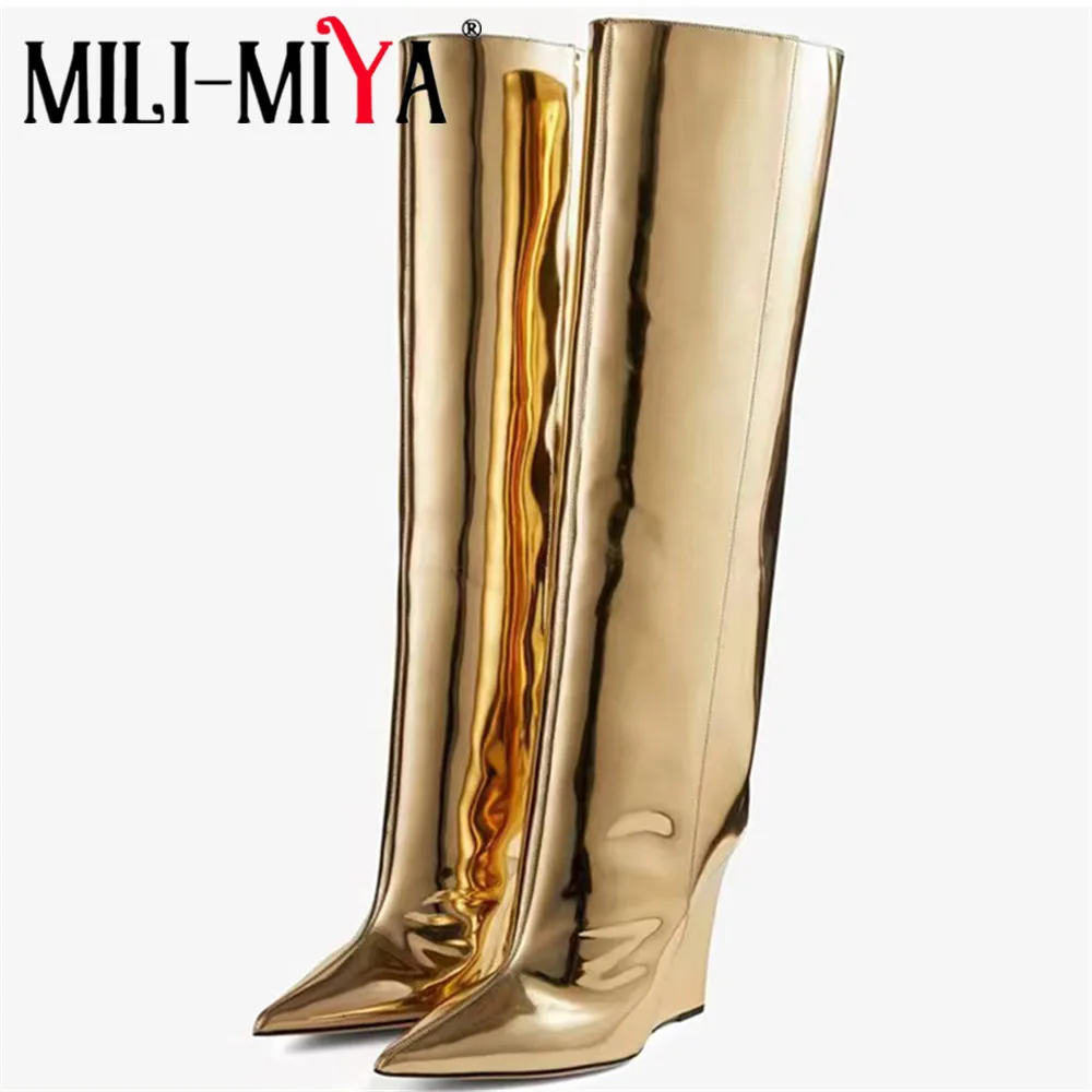 

MILI-MIYA Fashion Brand Design Women Microfiber Knee High Boots Straight Wide Leg Slip On Sexy Pointed Toe Wedges Plus Size 42