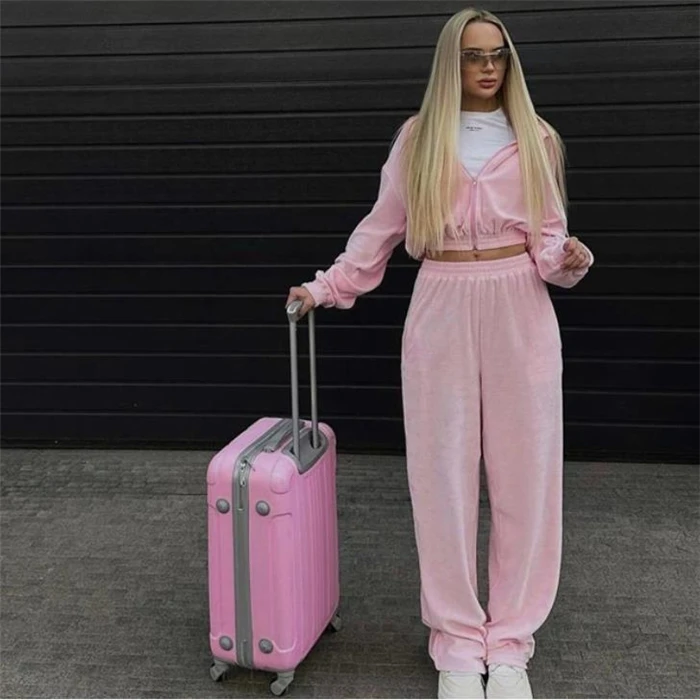 

Faionable Casual Hoodie Pants Set Women's Long Sve Zipper Closure Velvet Trasuit Comfortable Breathable Spring Autumn