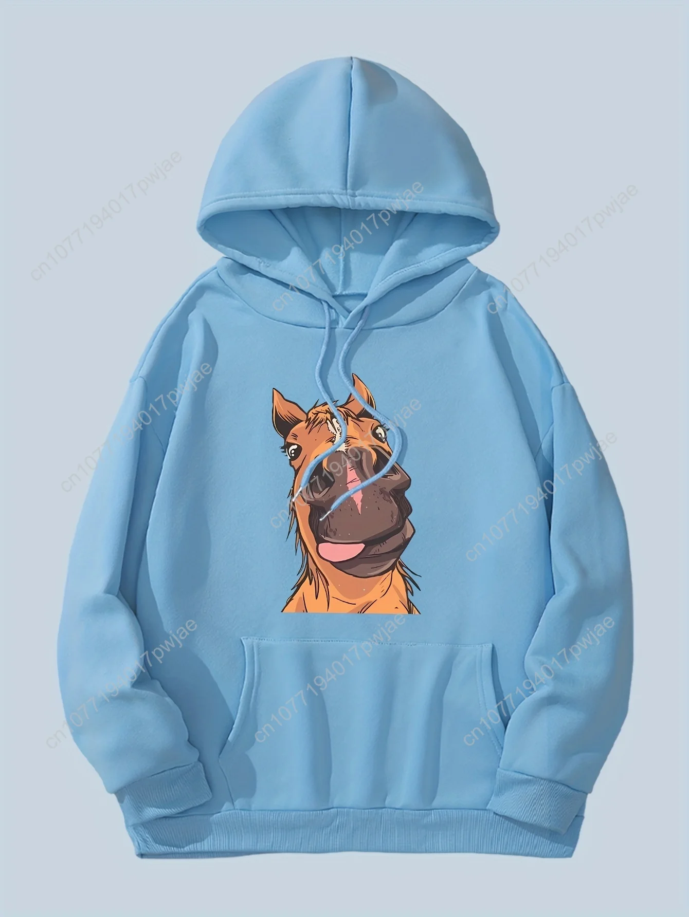 Moletom com capuz feminino com estampa de cavalo de desenho animado chique de poliéster elástico macio – pulôver casual com bolsos, perfeito para outono/inverno