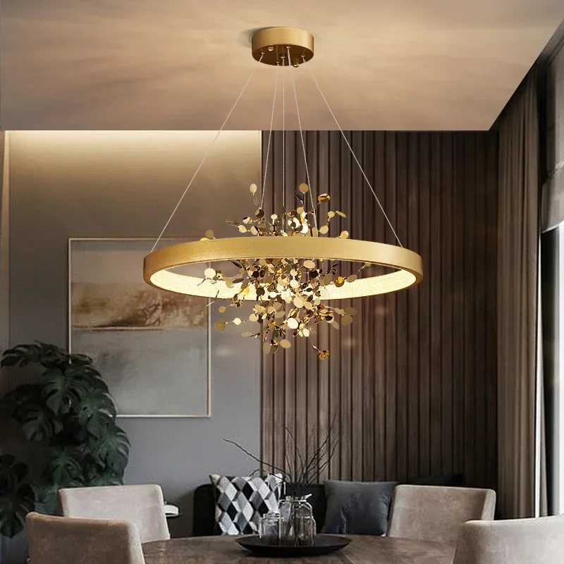 

Kobuc Modern Gold Stainless Steel Ceiling Chandelier Dining Room Copper Round Ring Pendant Lights For Bedroom Cloth Store Coffee