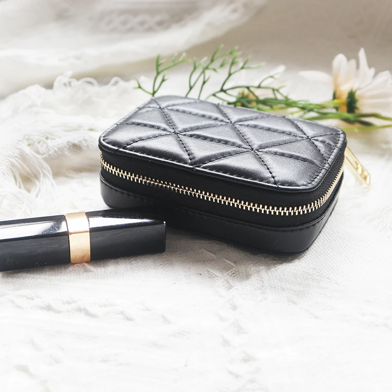 Woman Cowhide Cosmetic Bag Genuine Leather Portable Mini Lipstick Case Mirror Luxury Fashion Keyring Zipper Makeup Organizer