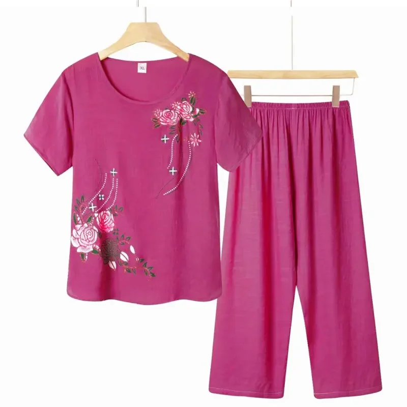 Dames Zomer Katoenen Linnen Korte Mouwen Tweedelige Set Zomer Dames Pyjama Top + Broek Tweedelige Set Home Service