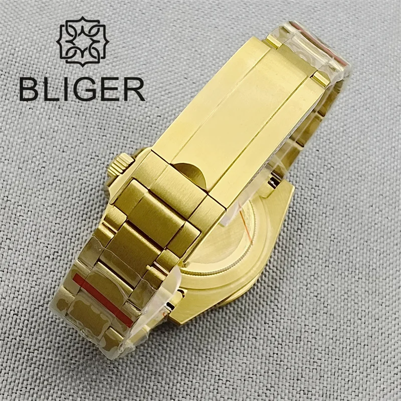 BLIGER Luxury Two-tone Rootbeer GMT Watch For Men NH34A Movement 40mm Yellow Gold Case Sapphire Glass Brown Dial Green Luminous