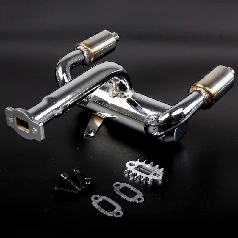 CNC Metal 2X Twin Exhaust Pipe with Muffler for 1/5 HPI Rovan Baja 5B 5T 5SC RC