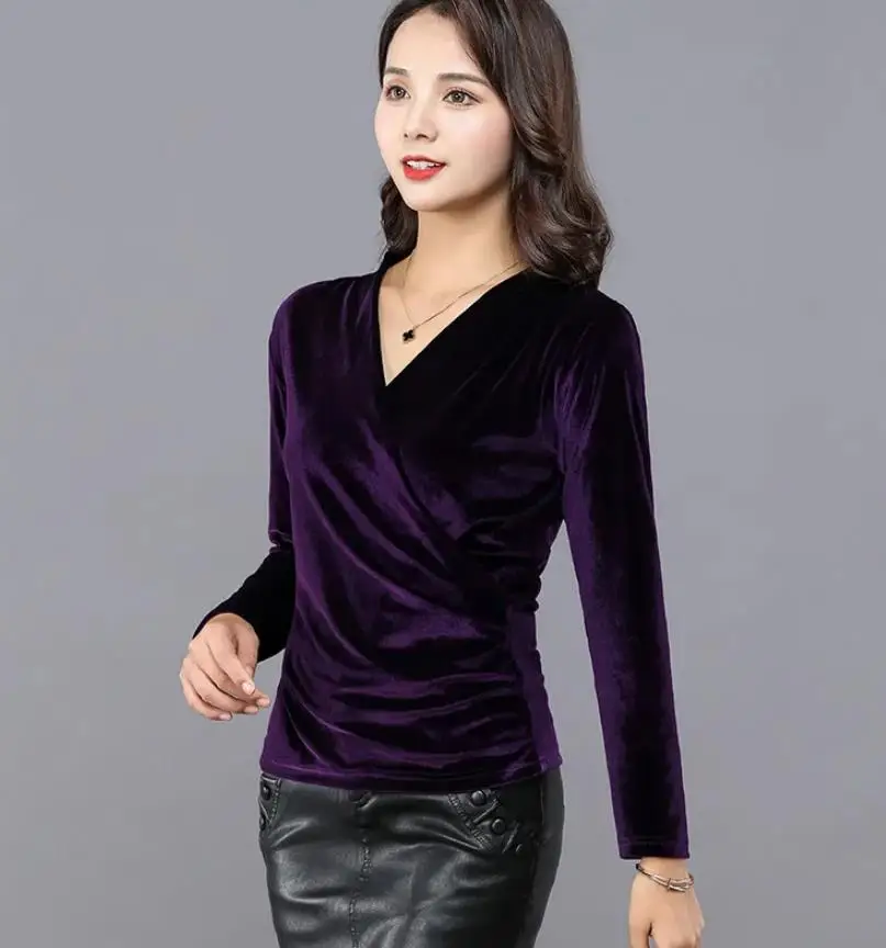 Blusa de oficina sexy de manga larga con cuello en V para mujer, estilo coreano, top morado de terciopelo, primavera-otoño, nueva, tallas grandes