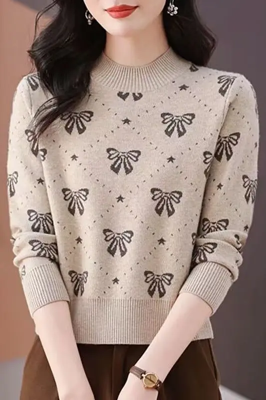 

Вязаный крючком пуловер с геометрическим принтом, свитер с длинными рукавами, вязаный полувысокий воротник, женская одежда, офисные женские корейские топы M504