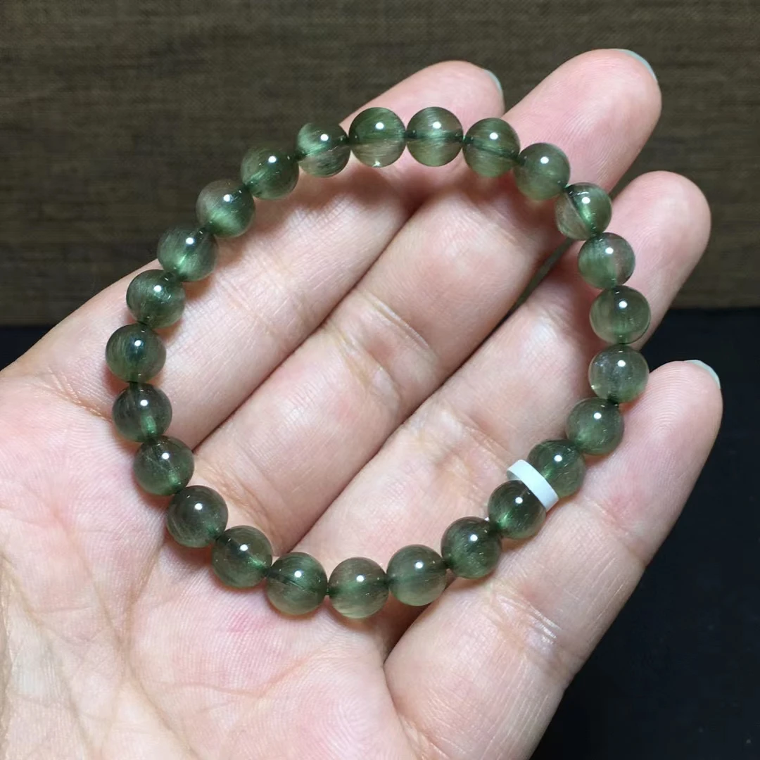 Natural Green Rutilated Quartz Cat Eye Bracelet Brazil 7mm Stretch Crystal Fashion Round Beads AAAAA