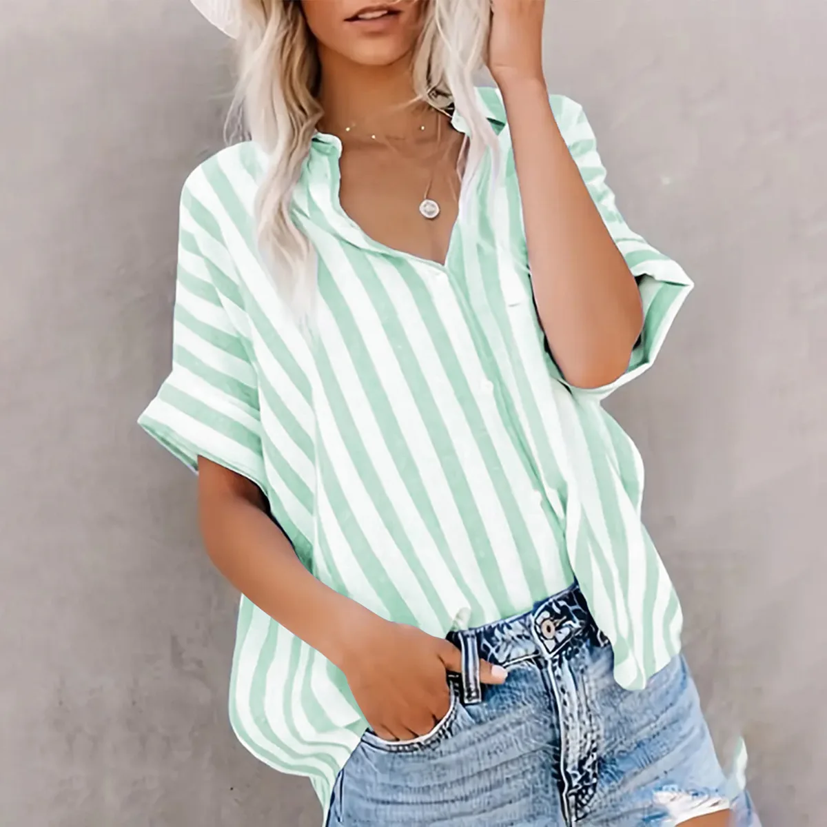 2025 New Summer Women's Striped Shirt Loose Short-sleeved Button Cardigan Fashion Street Versatile Casual Thin Blouses