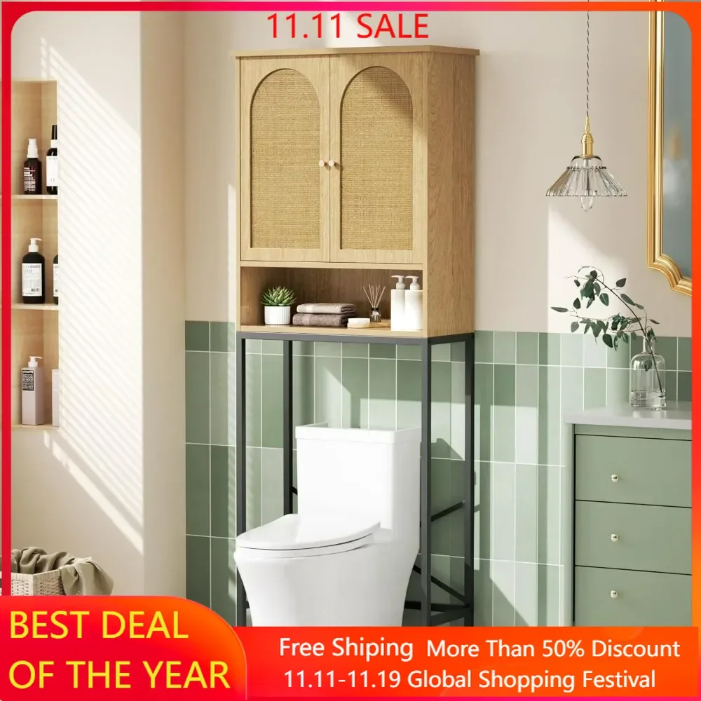 

Bathroom Cabinet, Over The Rack Wood Cabinet with Metal Stand, Bathroom Organizer with Adjustable Shelf, Freestanding Shelf