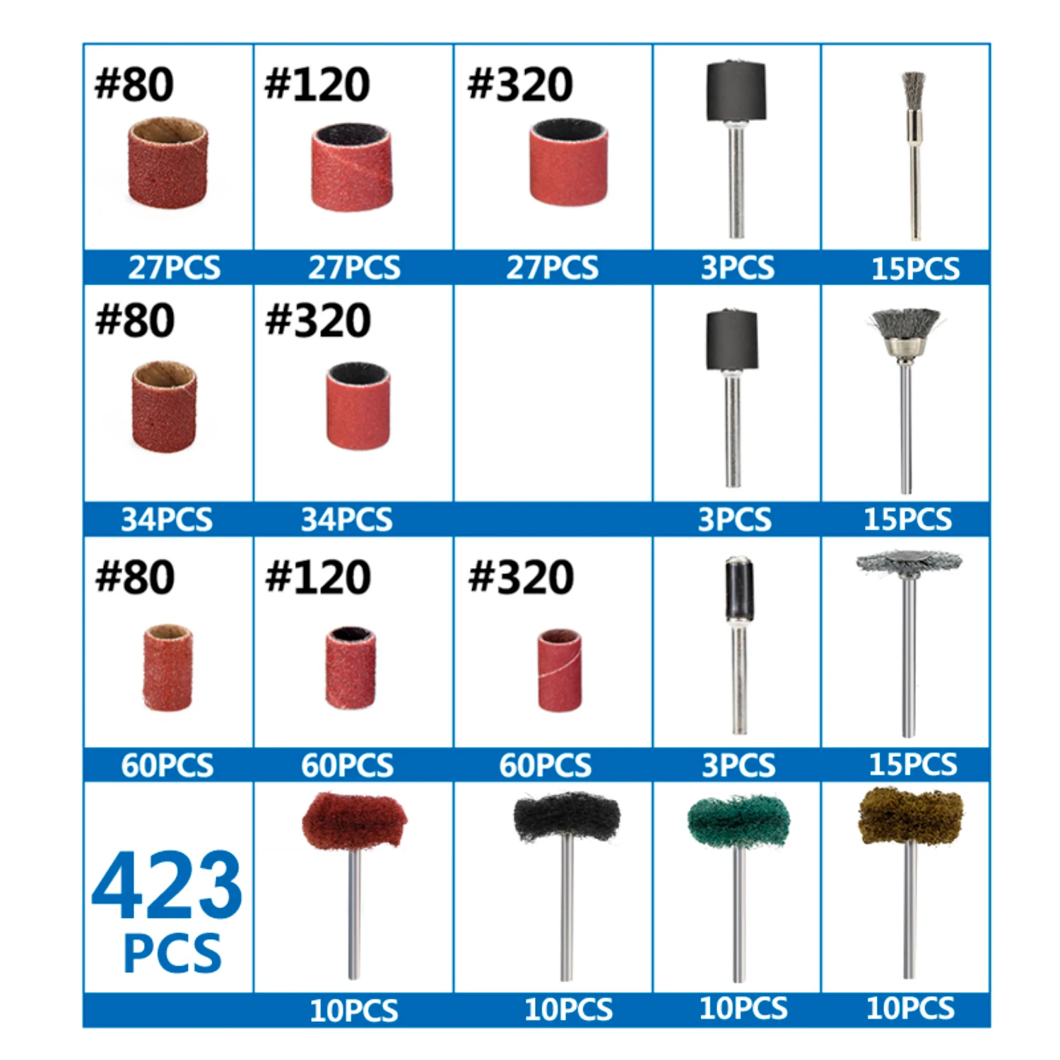 Complete Abrasive Finishing Rotary Tools Set - Essential Polishing Kit with 423pcs of Sanding Bands, Stainless Steel Wire Brush 