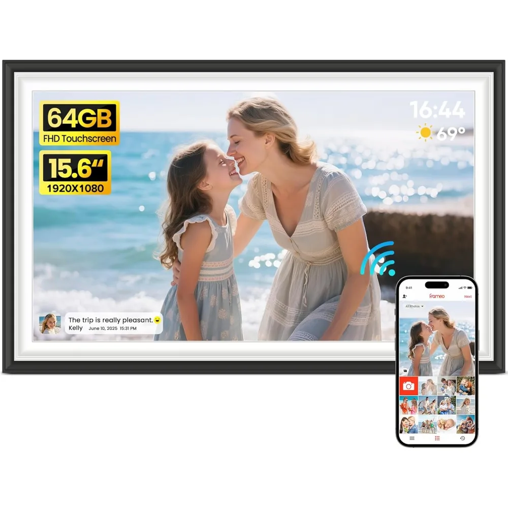 15.6 Inch WiFi Digital Photo Frame 64GB Memory FHD 1920x1080 IPS Touch Screen Electronic Picture Frame Share Photos Instantly