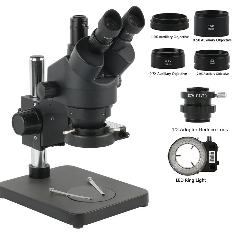 7X-45X Zoom Simul-Focal Trinocular Stereo Microscope+0.5X 0.7X 2X Barlow Lens For Phone Repair PCB Jewelry Solder Lab Inspected