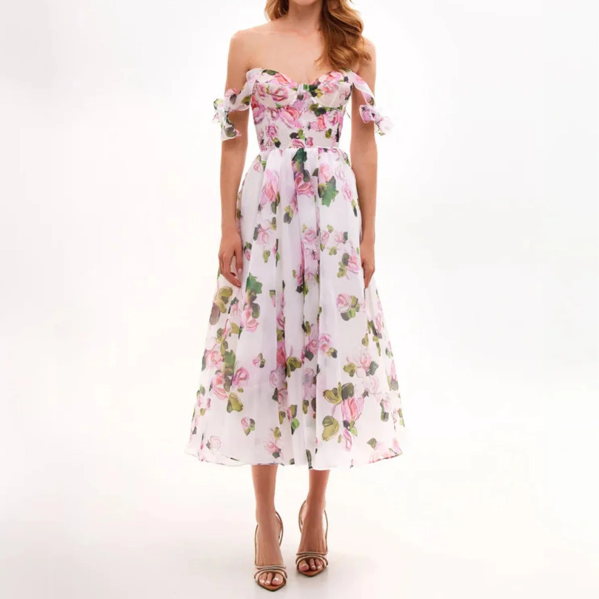 플로럴 프린트 백리스 드레스 여성용 2025 여름 스파게티 스트랩 파티 러플 A라인 드레스 패션 여성 비치 보헤미안 가운