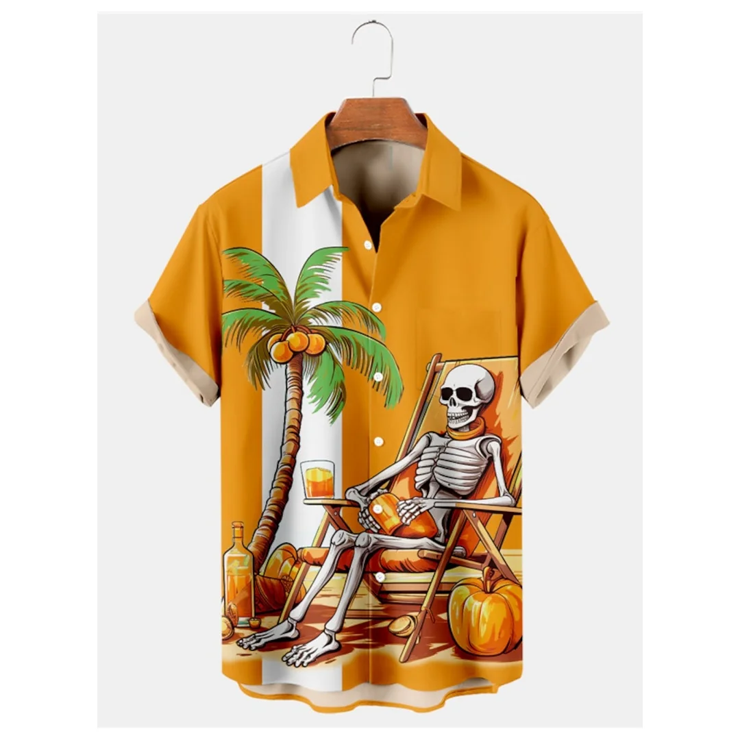 

3D Skeleton Beach Hawaiian Casual Men's Shirt Outdoor Street Casual/Everyday Summer Short Sleeve Men's Cardigan Top Men's shirts