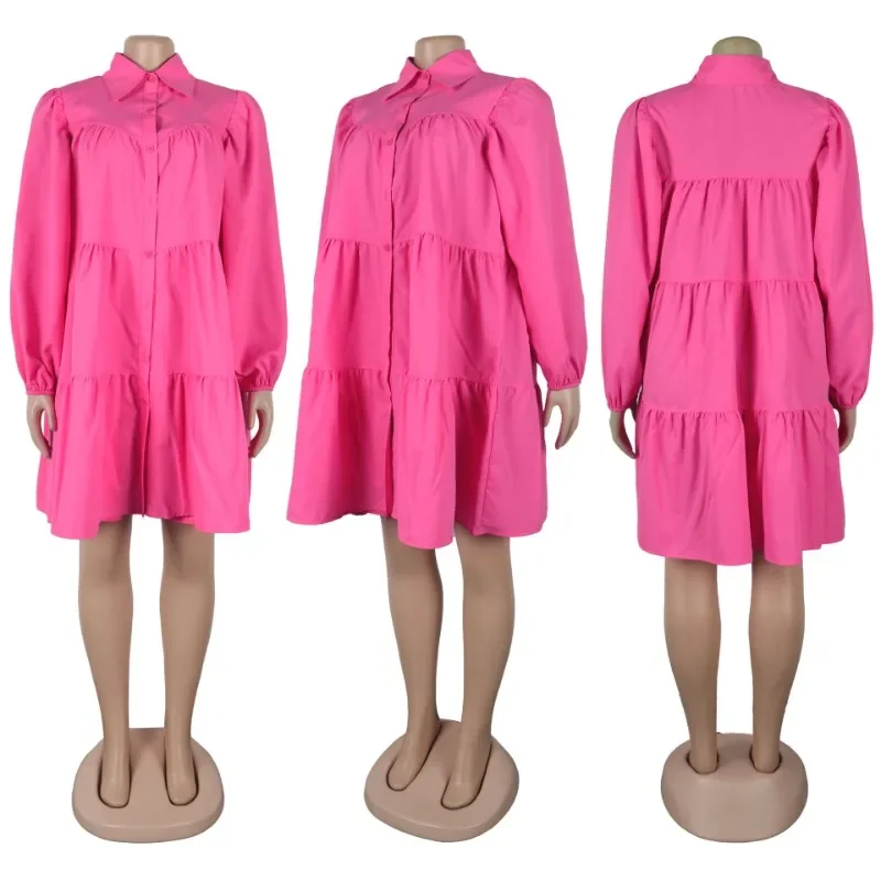 솔리드 캐주얼 긴팔 셔츠 드레스 여성 봄 여름 턴다운 칼라 싱글 브레스티드 러플 루즈 파티 클럽 미니 드레스